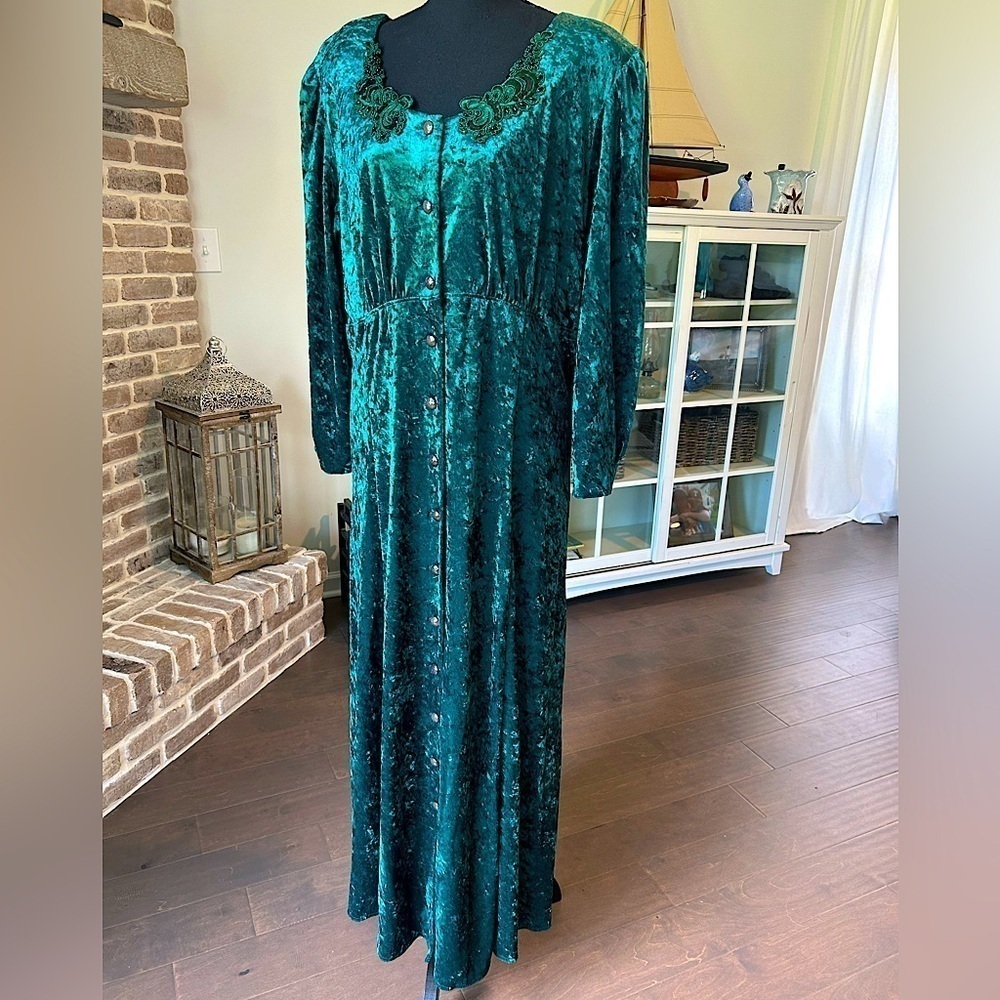 Vintage Molly Malloy 90s Crushed Velvet Green Ankle Length Button Up Dress SZ 18